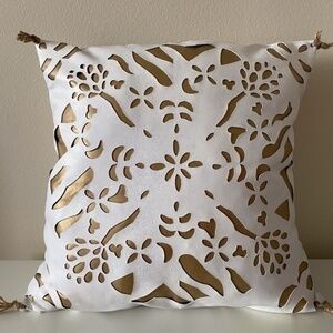 Anthropologie White  Leather Gold Inlay Pillow